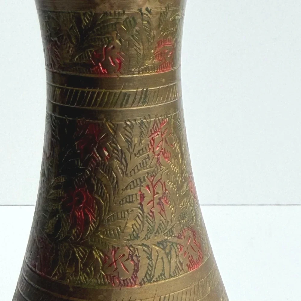 Vintage Etched Brass Vase Gold Red Floral Boho Hand‎ Crafted India Old World